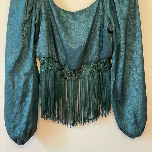 Buckle L green bell sleeve blouse Victorian fringe crop top metallic floral boho - Picture 3 of 7